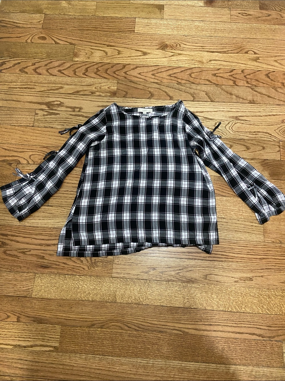 LOFT Black and White Plaid Tie-Sleeve Blouse